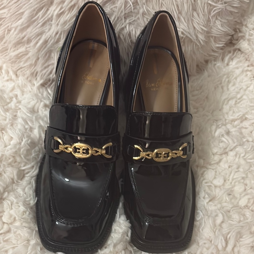 Black Patent Leather Loafers with Gold Chain Detail